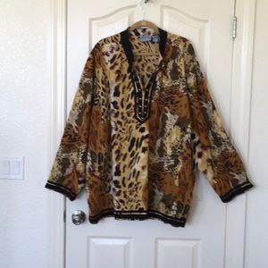 Liz & Me Woman’s 4X Multicolored Brown Blouse Long Sleeve